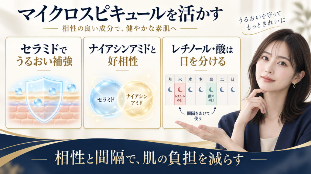 セラミドとナイアシンアミドの相性、レチノールや酸を日分けする方法を示すアイキャッチ