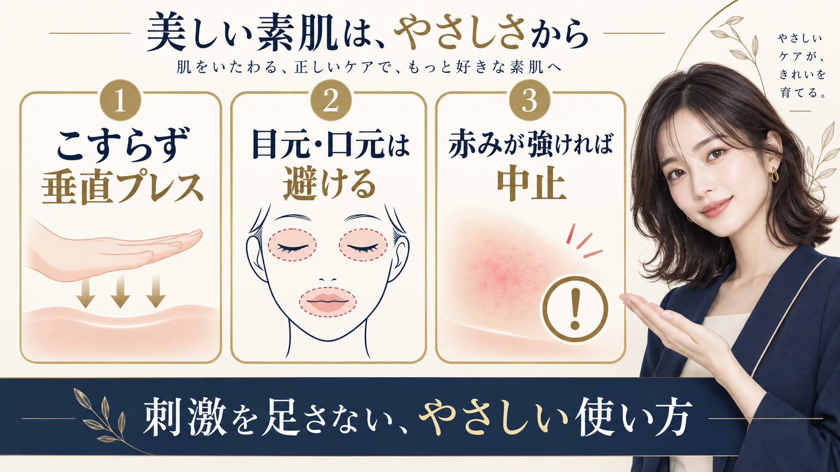 導入ケアでこすらず垂直プレスし、目元口元を避ける注意点を示すアイキャッチ