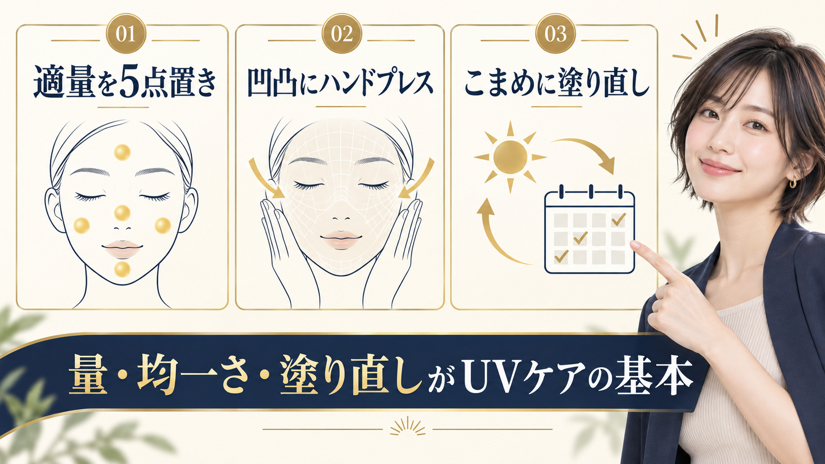 UVケアを顔の5点に置き、凹凸へハンドプレスして塗り直す方法を示すアイキャッチ