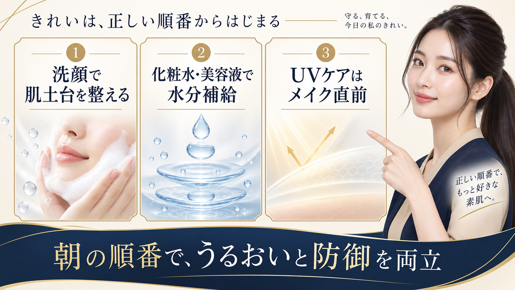 朝の洗顔、保湿、UVケアをメイク前に行う正しい順番を示すアイキャッチ