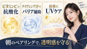 UVケアとビタミンC、ナイアシンアミドを組み合わせる朝のスキンケアを示すアイキャッチ