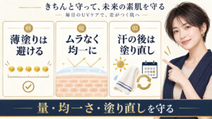 UVケアの薄塗りを避け、均一に塗って汗の後に塗り直す注意点を示すアイキャッチ