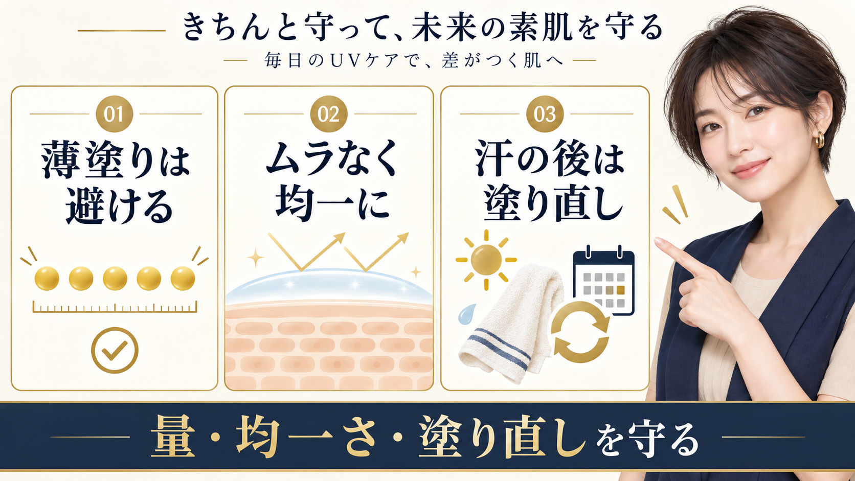 UVケアの薄塗りを避け、均一に塗って汗の後に塗り直す注意点を示すアイキャッチ