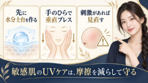 敏感肌のUVケアで水分土台を作り、手のひらで垂直プレスする方法を示すアイキャッチ