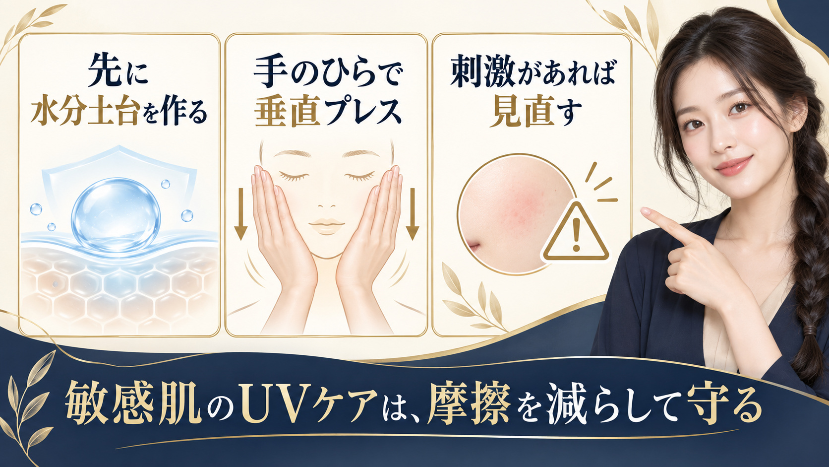 敏感肌のUVケアで水分土台を作り、手のひらで垂直プレスする方法を示すアイキャッチ