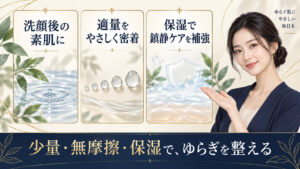 洗顔後に適量をやさしく密着させ、保湿で鎮静ケアを補強する方法を示すアイキャッチ