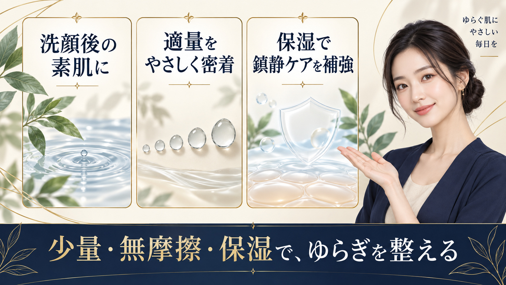 洗顔後に適量をやさしく密着させ、保湿で鎮静ケアを補強する方法を示すアイキャッチ