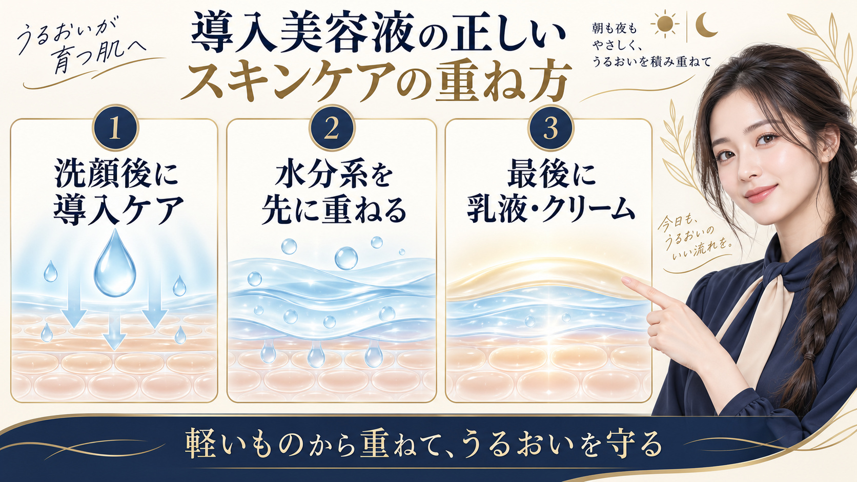 導入美容液を洗顔後に使い、水分系から乳液やクリームへ重ねる順番を示すアイキャッチ