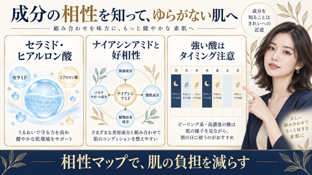 セラミドやヒアルロン酸との相性と強い酸を別日に使う成分相性マップを示すアイキャッチ