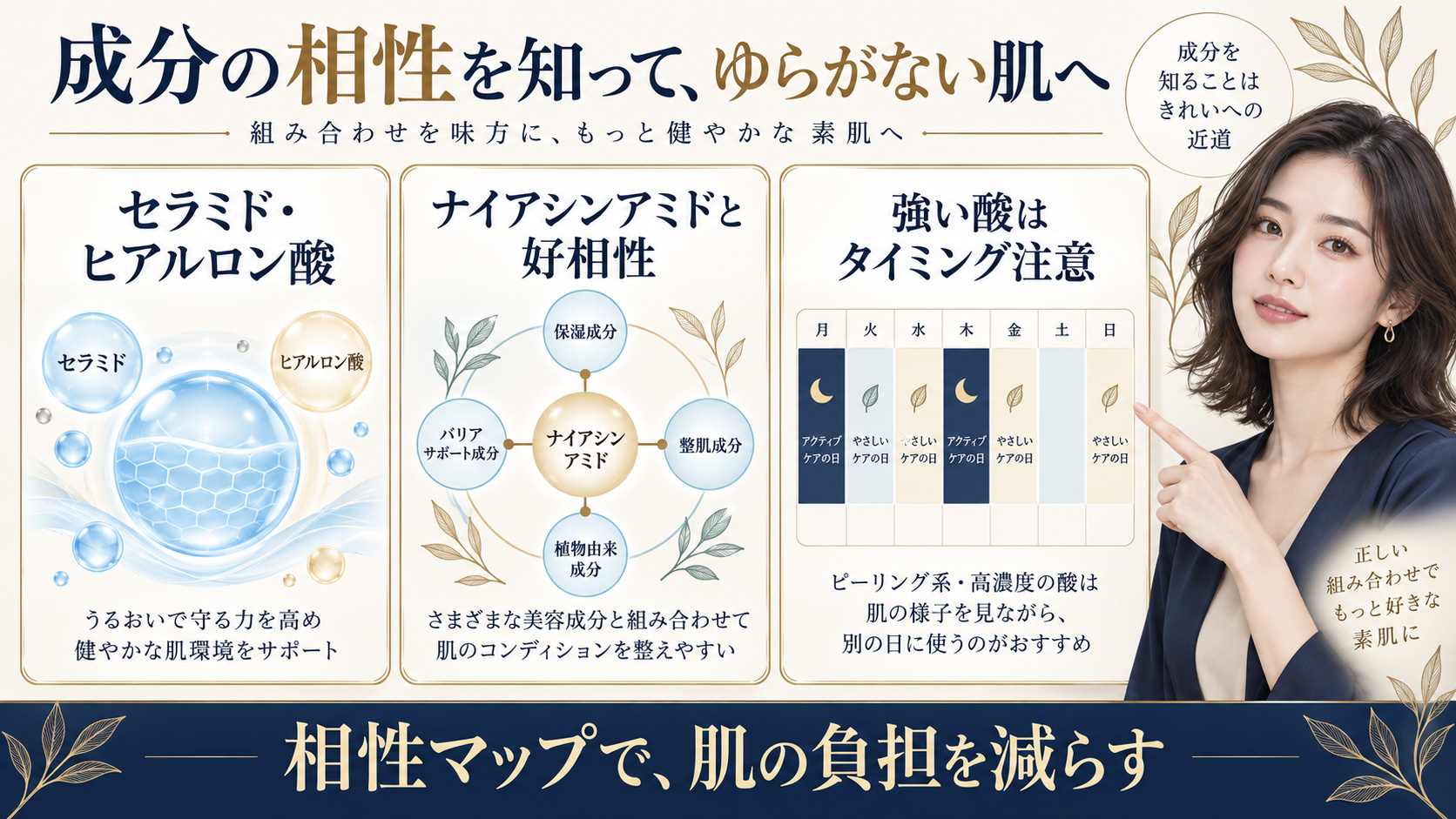 セラミドやヒアルロン酸との相性と強い酸を別日に使う成分相性マップを示すアイキャッチ