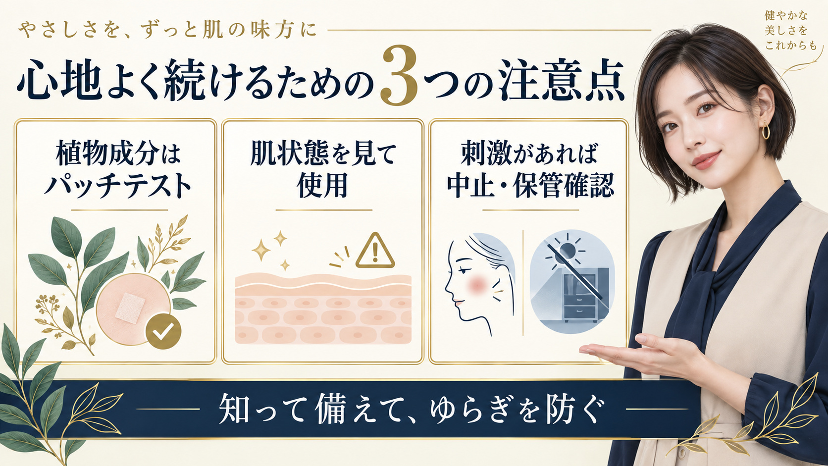 植物成分のパッチテストや肌状態の確認、刺激時の中止と保管注意を示すアイキャッチ