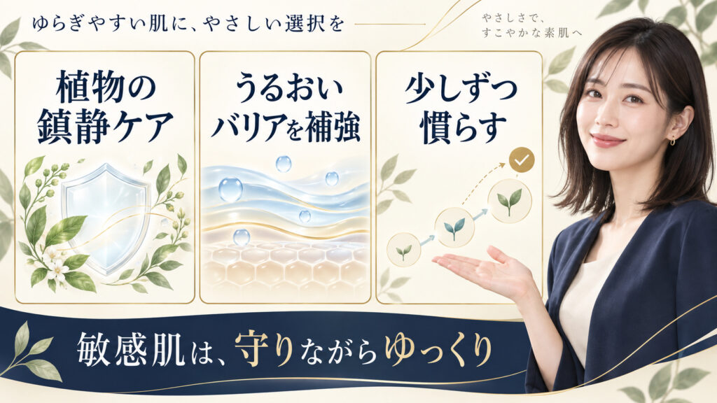 敏感肌の植物鎮静ケア、うるおいバリア補強と段階的な慣らし使いを示すアイキャッチ