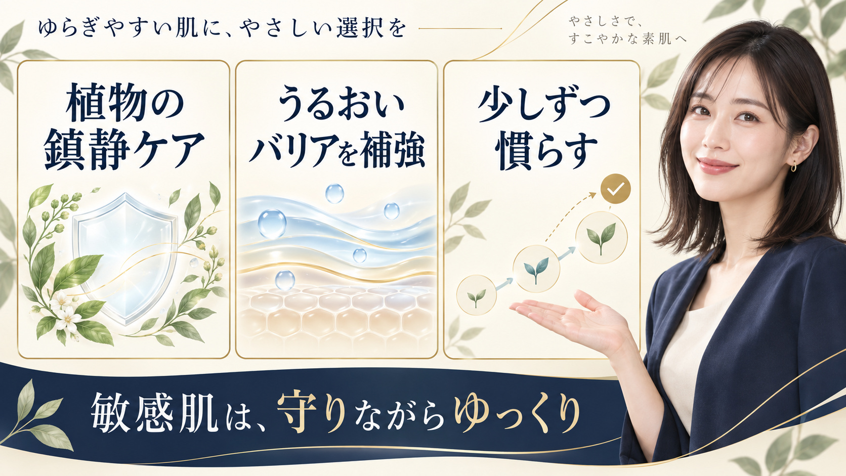 敏感肌の植物鎮静ケア、うるおいバリア補強と段階的な慣らし使いを示すアイキャッチ