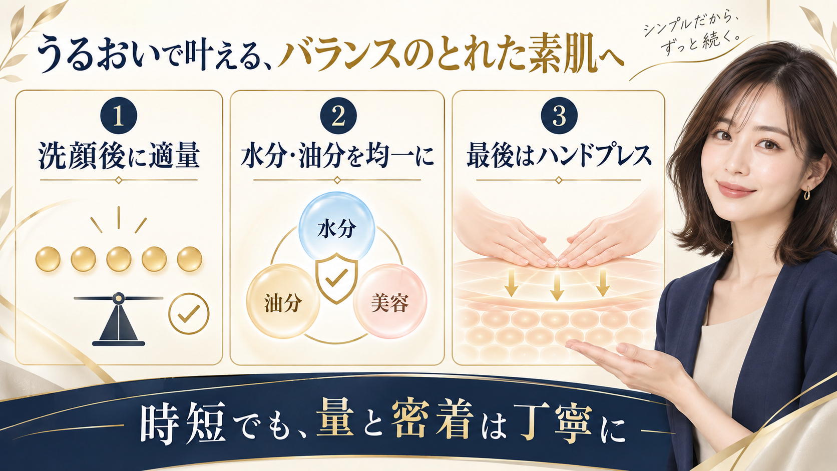 オールインワン保湿の適量、水分と油分の均一化、最後のハンドプレスを示すアイキャッチ
