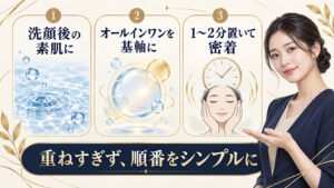 オールインワン保湿を洗顔後に使い1〜2分置いて密着させる順番を示すアイキャッチ