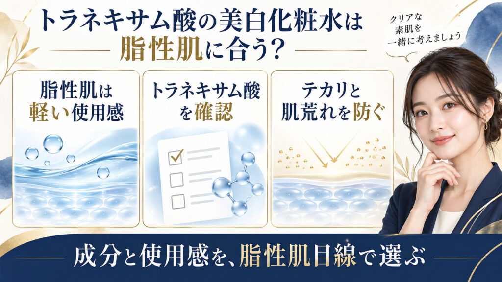 脂性肌向け美白化粧水の成分とテカリを防ぐ使い方