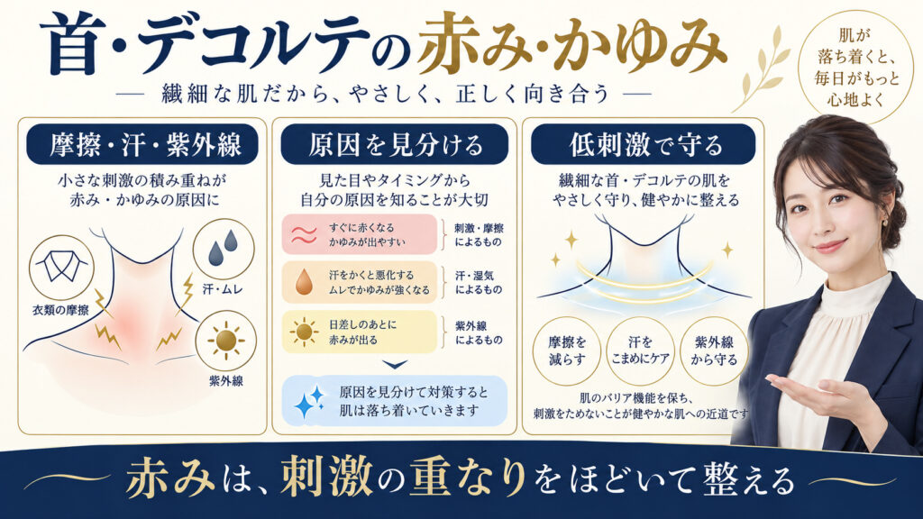 首とデコルテの赤み・かゆみの原因と低刺激ケア