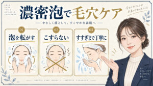 濃密泡で毛穴ケア。泡を転がし、こすらず、すすぎまで丁寧に行う洗顔手順