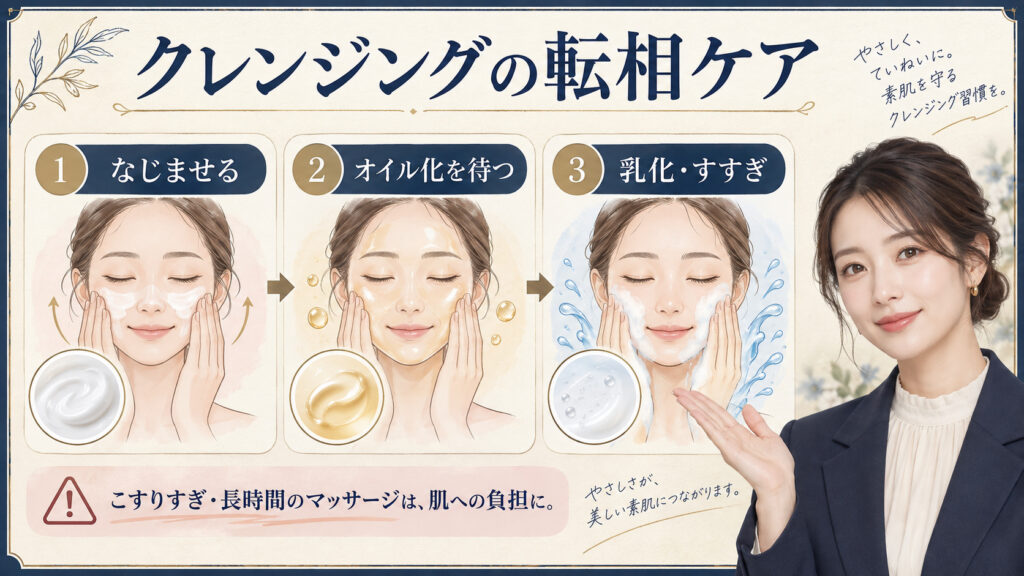 クレンジングの転相ケア。なじませてオイル化を待ち、乳化とすすぎを丁寧に行う手順