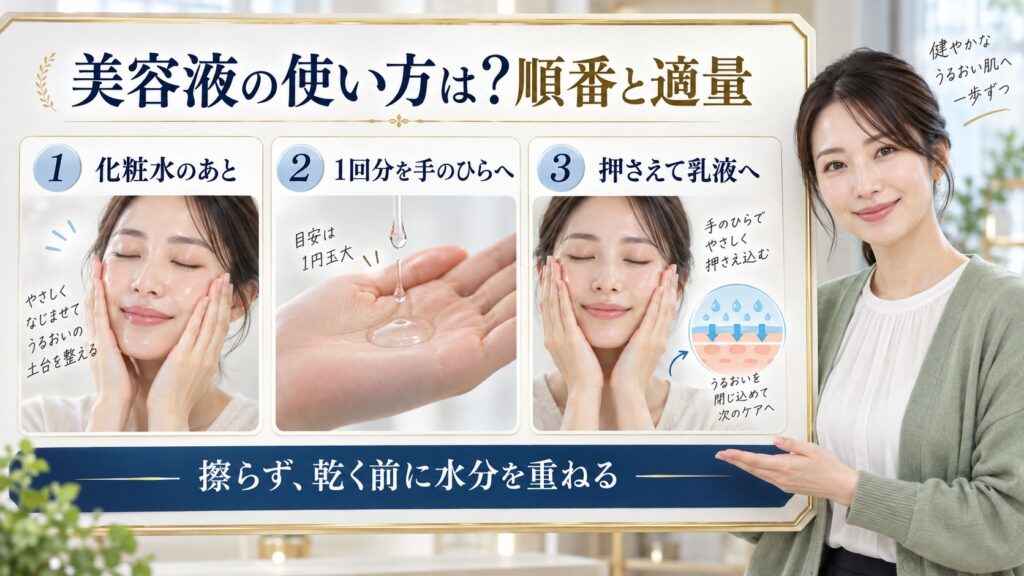 美容液の使う順番と適量、擦らず押さえる保湿手順を解説する横長Beauty Board