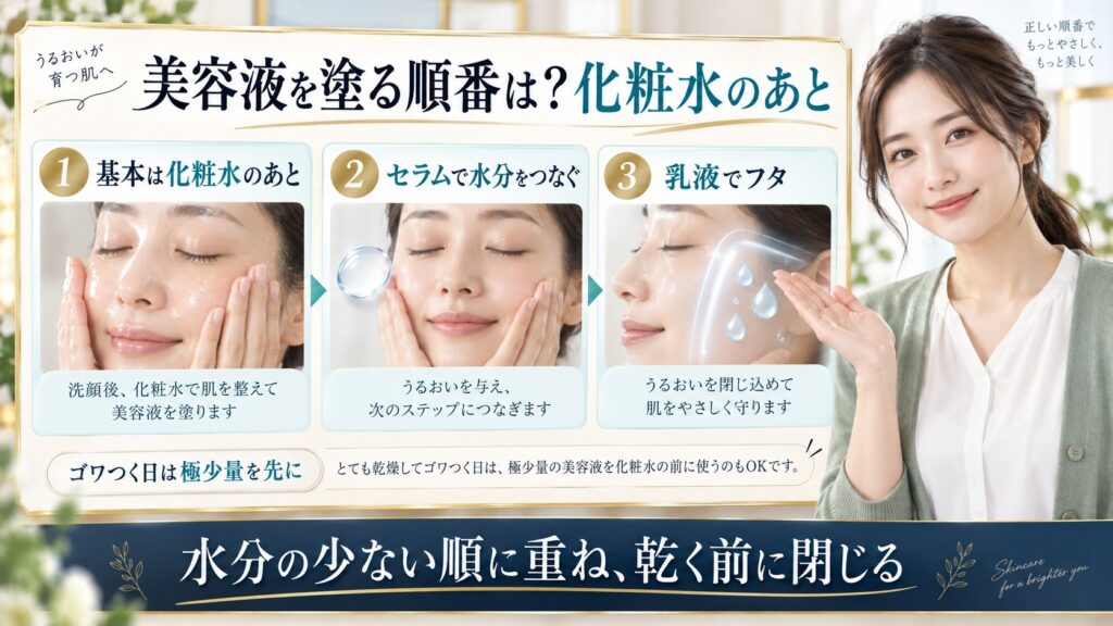 美容液を塗る順番と化粧水後の保湿ステップを解説する横長Beauty Board