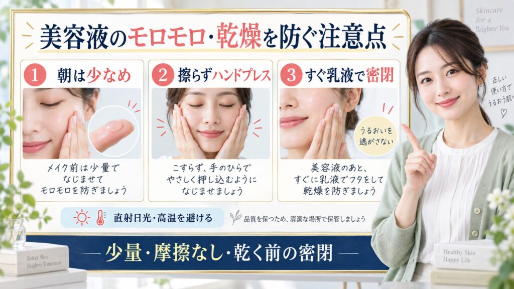 美容液のモロモロと乾燥を防ぐ使い方の注意点を解説する横長Beauty Board