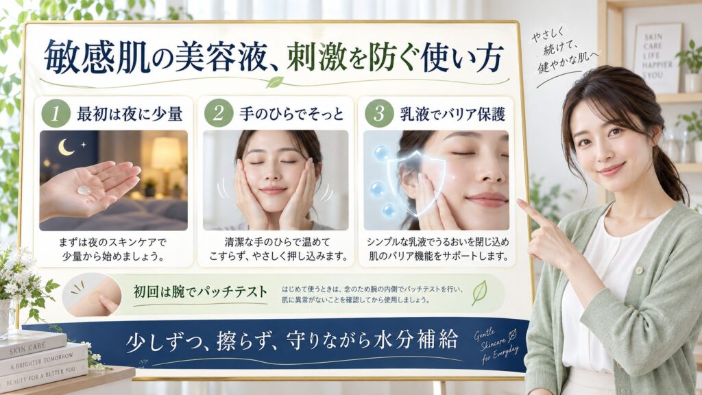 敏感肌の美容液使用で刺激を防ぎ水分補給する方法を解説する横長Beauty Board