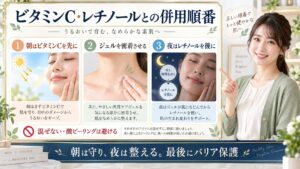 角質ケア用ジェルとビタミンC・レチノールの併用順番を解説する横長Beauty Board