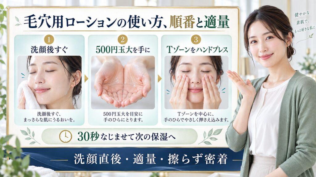毛穴用ローションの順番と適量、擦らずハンドプレスする使い方を解説する横長Beauty Board