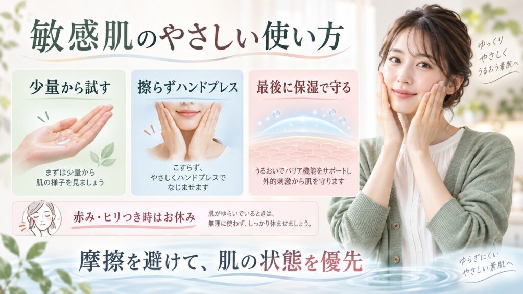 敏感肌向けのGAローションの使い方、少量・ハンドプレス・保湿のポイントを解説する横長Beauty Board