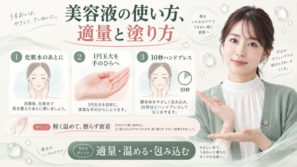美容液の順番と適量、温めて10秒ハンドプレスする塗り方を解説する横長Beauty Board
