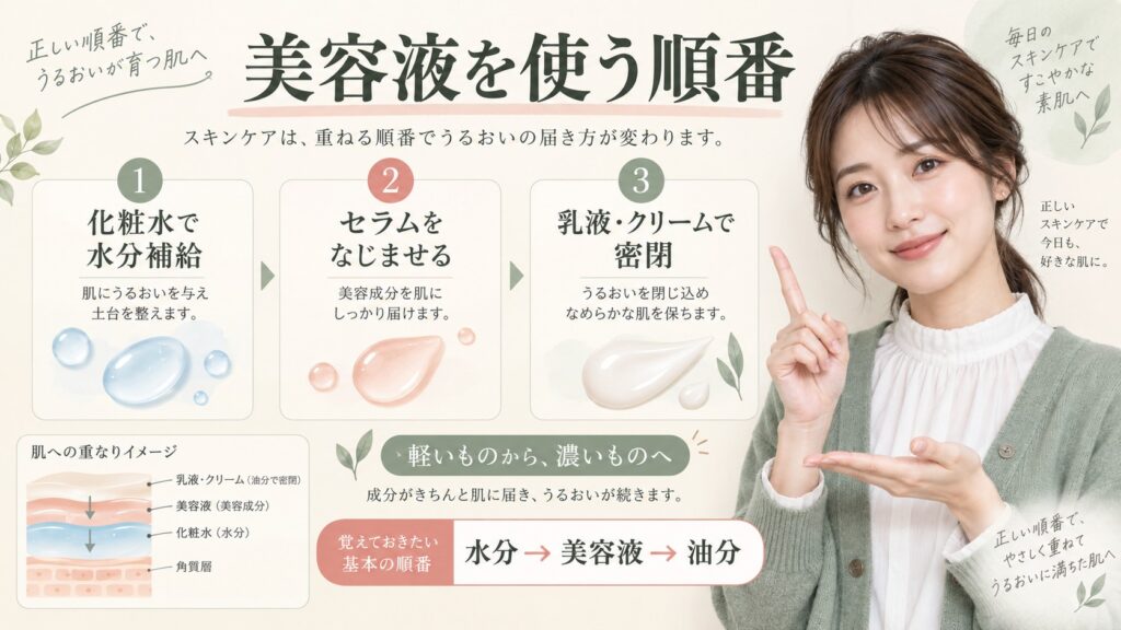 美容液を化粧水と乳液の間に使う正しい順番を解説する横長Beauty Board