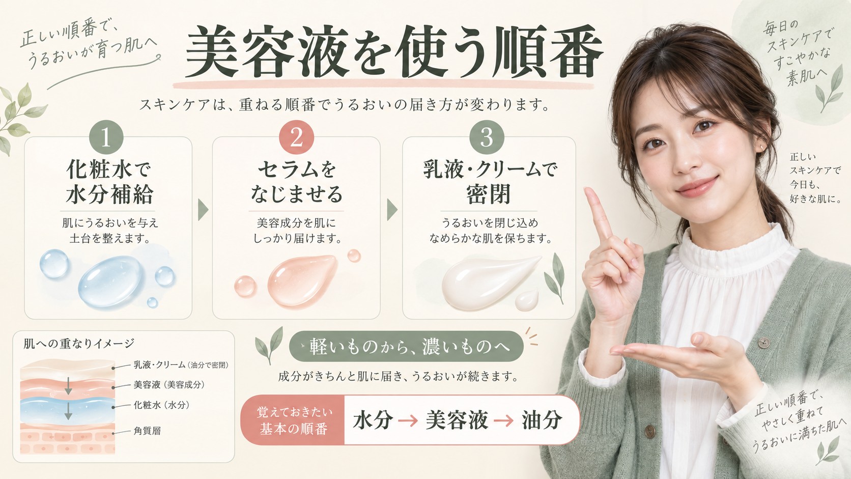 美容液を化粧水と乳液の間に使う正しい順番を解説する横長Beauty Board