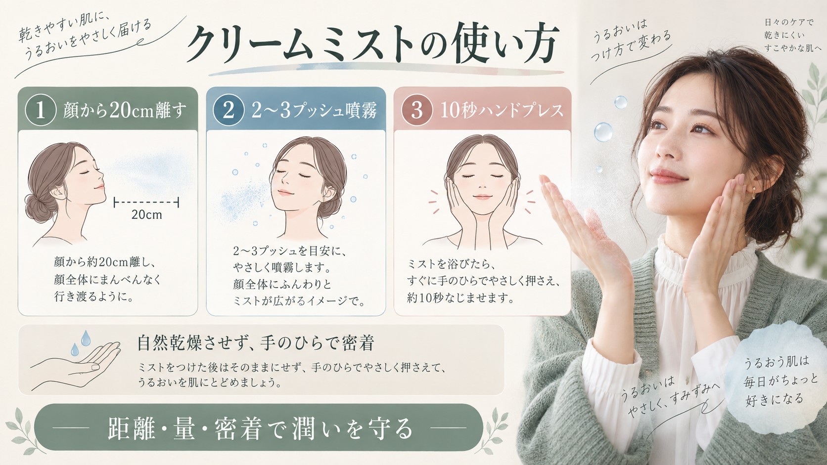 クリームミストの噴霧距離、適量、ハンドプレスの使い方を解説する横長Beauty Board