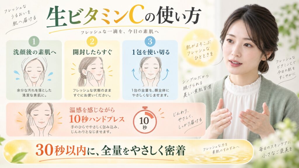 生ビタミンC美容液を洗顔後30秒以内に全量使う手順を解説する横長Beauty Board