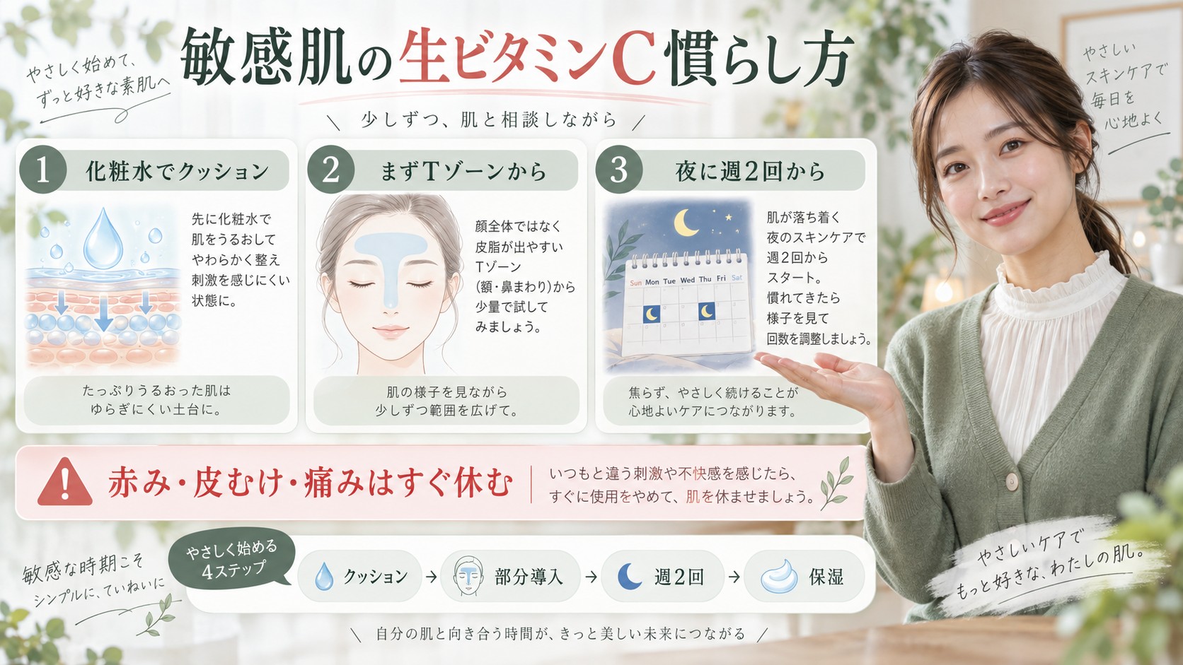 敏感肌がYunth生ビタミンC美容液を化粧水のクッションと週2回から慣らす手順を解説する横長Beauty Board