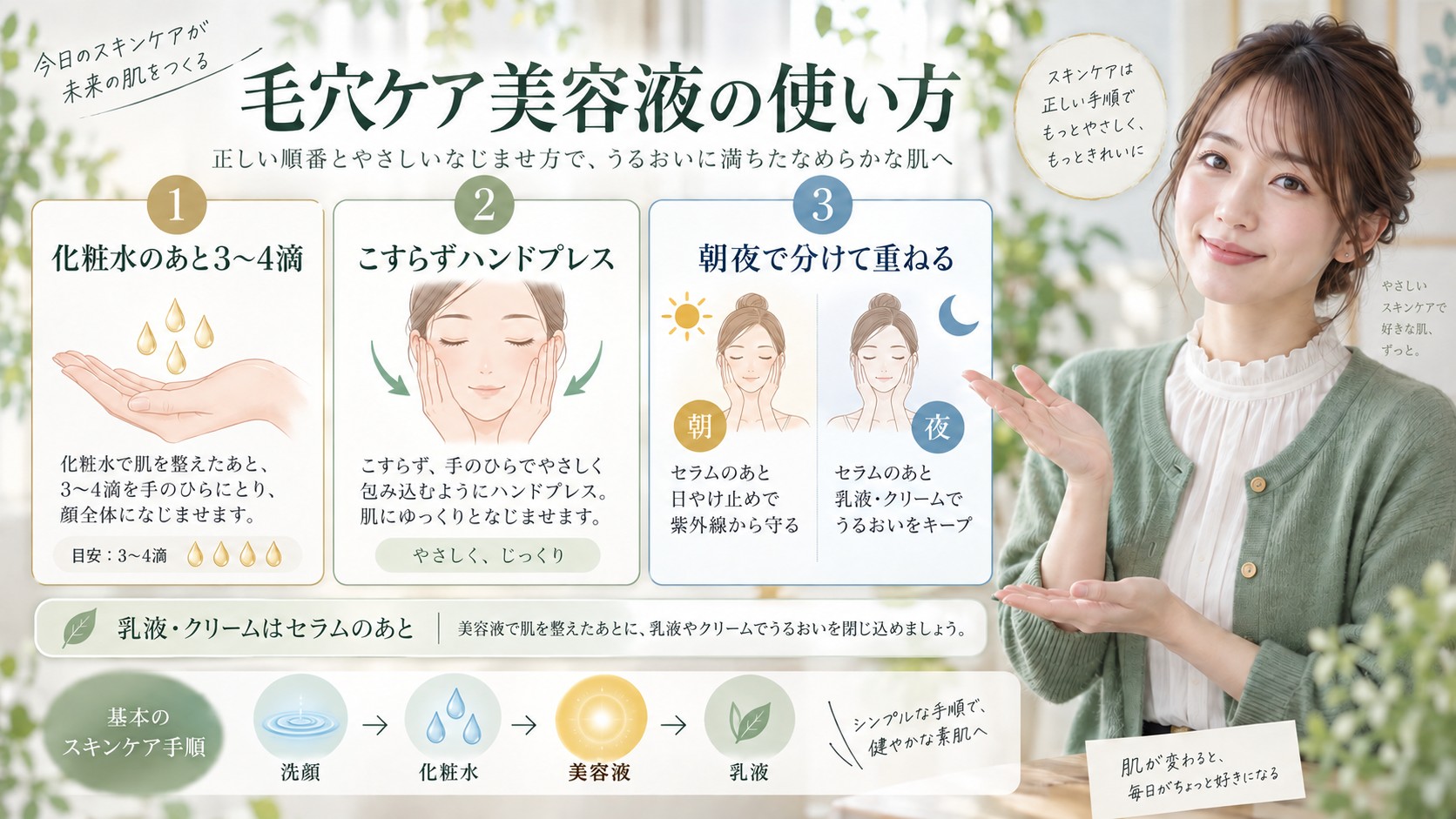 Anuaビタミン10 PORESTRIXセラムの適正量と使う順番、ハンドプレスの手順を解説する横長Beauty Board