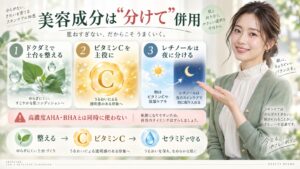 Anuaビタミン10セラムとドクダミ・セラミド・レチノールを分けて併用する方法を解説する横長Beauty Board