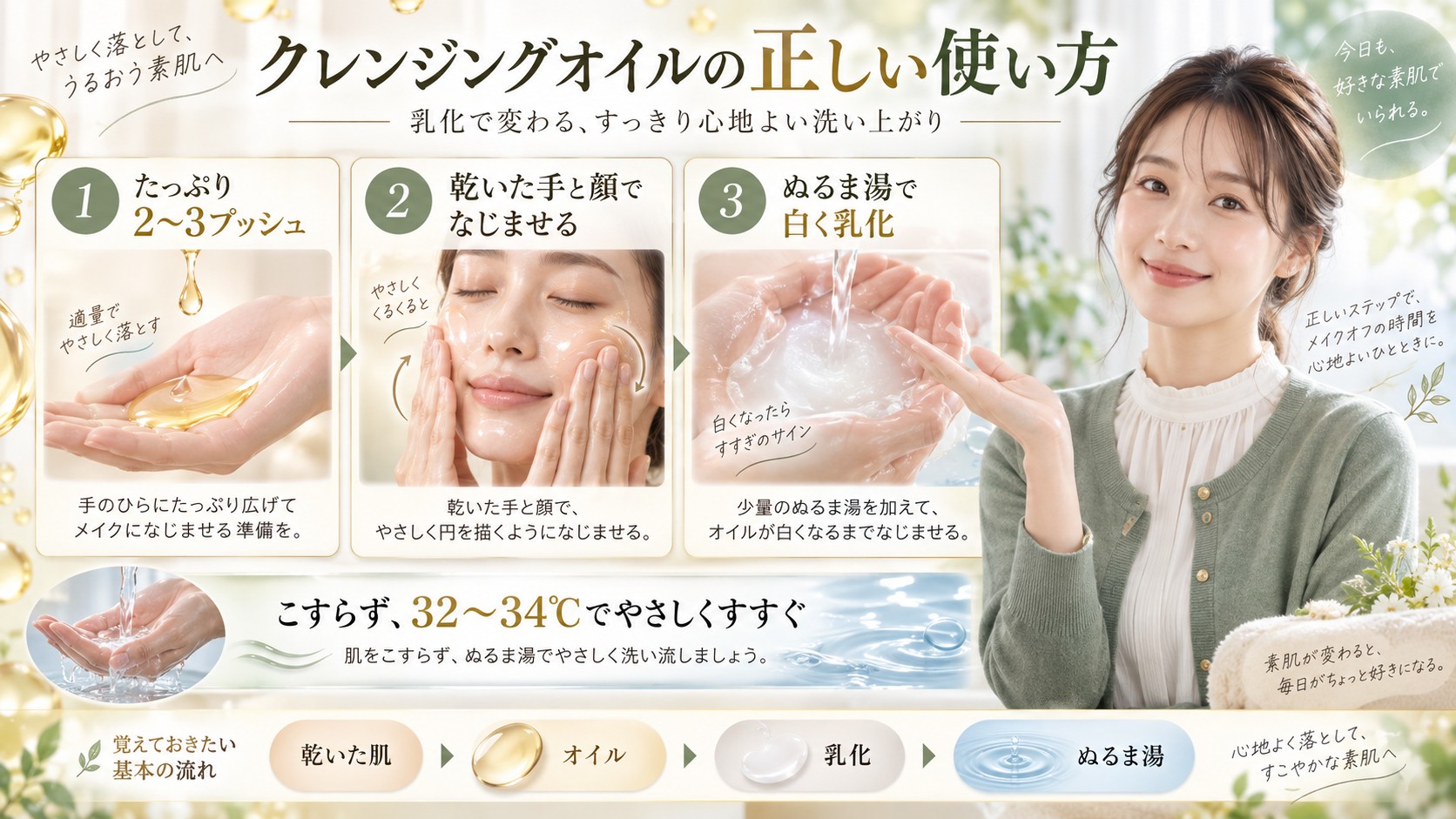 クレンジングオイルを2〜3プッシュ使いぬるま湯で乳化する正しい手順を解説する横長Beauty Board