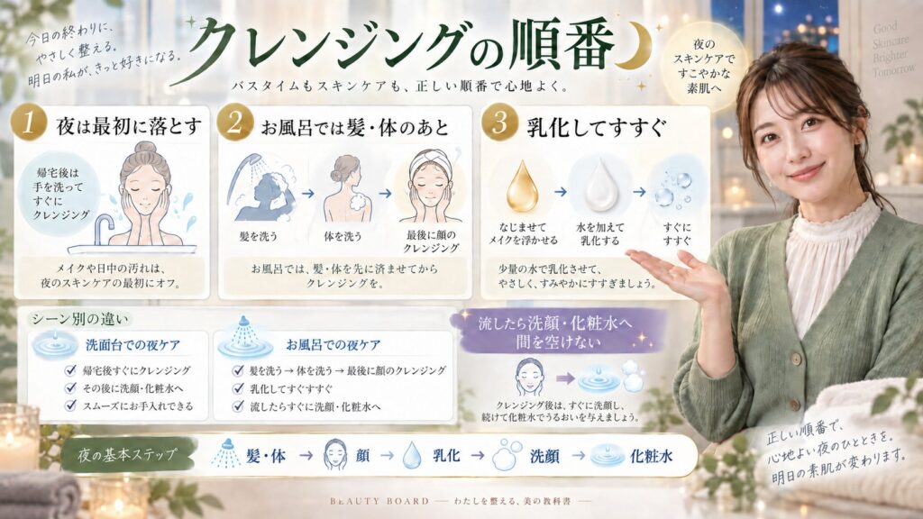 クレンジングオイルを夜の最初、浴室では髪と体のあとに使う順番を解説する横長Beauty Board