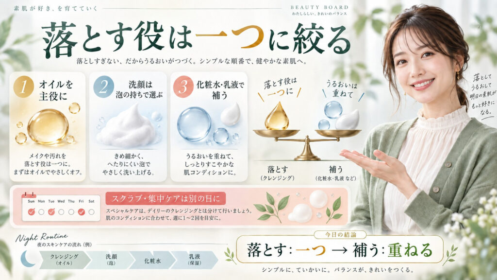 クレンジングオイルを主役にし洗顔と保湿を役割分担する併用方法を解説する横長Beauty Board