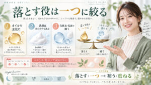 クレンジングオイルを主役にし洗顔と保湿を役割分担する併用方法を解説する横長Beauty Board
