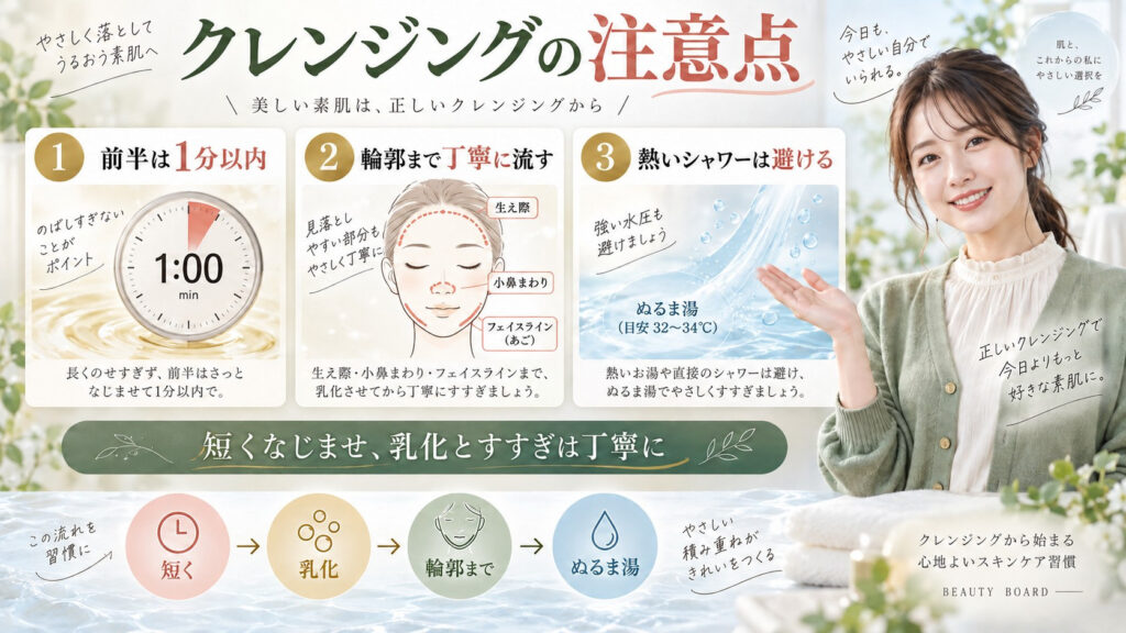クレンジングオイルを1分以内になじませ乳化と輪郭まで丁寧にすすぐ注意点を解説する横長Beauty Board