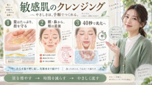 敏感肌がクレンジングオイルを十分な量で短時間使い摩擦を減らす方法を解説する横長Beauty Board