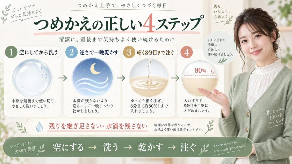ケアセラAP乳液つめかえ用を空にして洗い一晩乾かしてから注ぐ手順を解説する横長Beauty Board