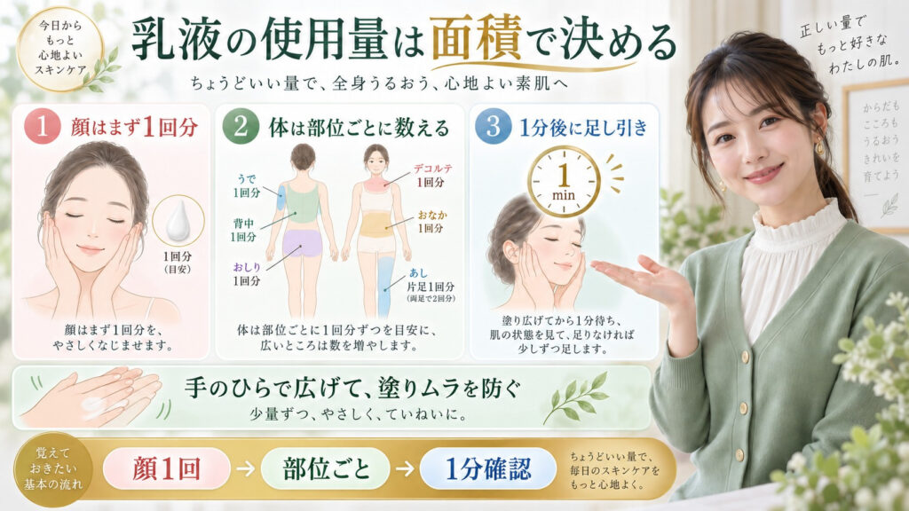 ケアセラAP乳液を顔と体に使うときの面積別の使用量と押す回数を解説する横長Beauty Board