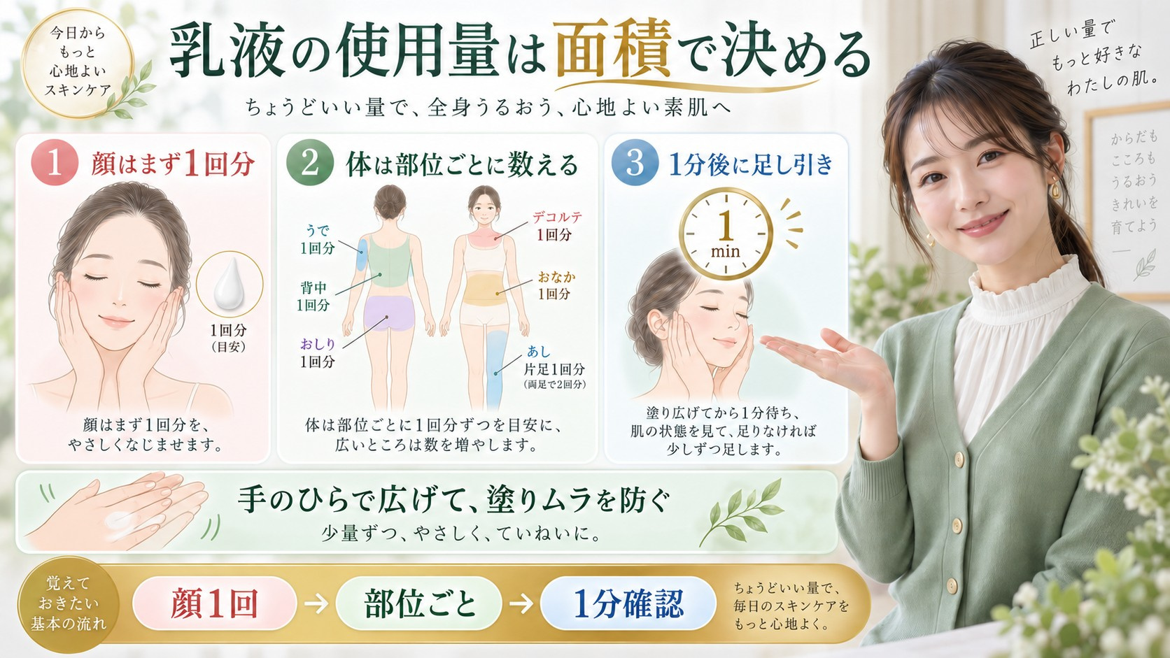 ケアセラAP乳液を顔と体に使うときの面積別の使用量と押す回数を解説する横長Beauty Board