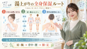 ケアセラAP乳液を湯上がりに肩と腕から全身へ塗る順路を解説する横長Beauty Board