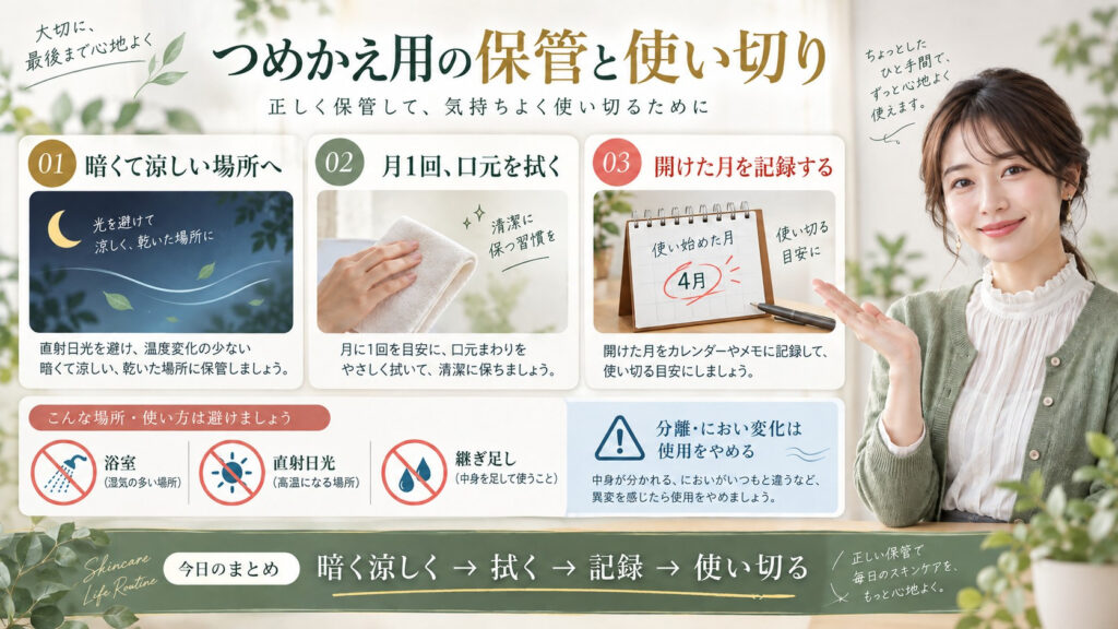 ケアセラAP乳液つめかえ用を暗く涼しい場所で保管し口元を手入れする方法を解説する横長Beauty Board