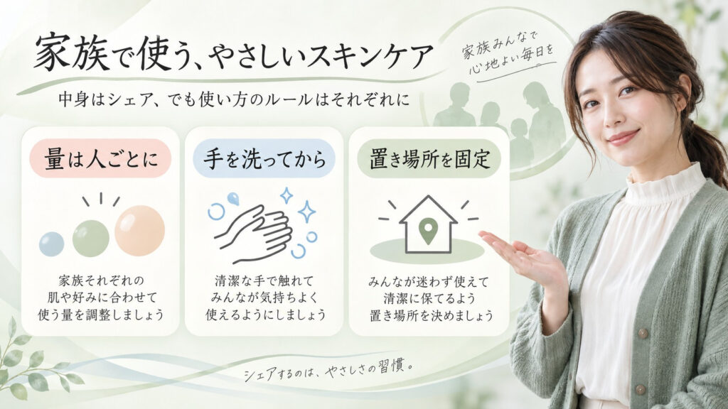 家族で乳液を共用するときの量・手洗い・置き場所を示す横長Beauty Board